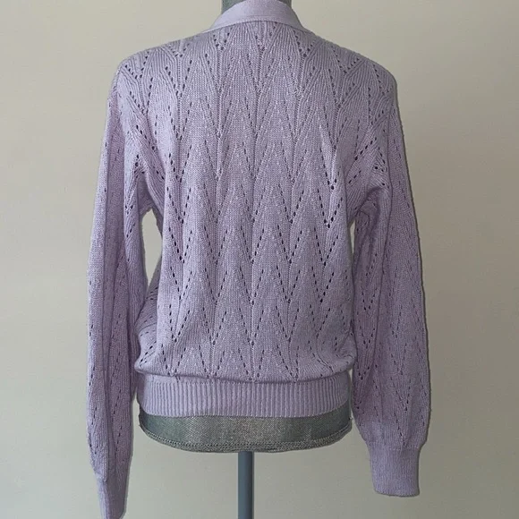 Coquette V Neck Pointelle Knit Cardigan Sweater Lavender Size S - Picture 5 of 13